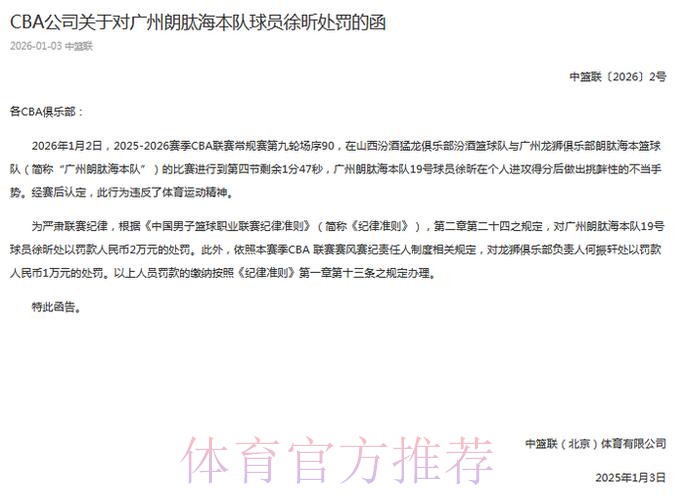 CBA官宣罚单:徐昕做出挑衅性的不当手势处罚人民币2万元 CBA官宣罚单:徐昕做出挑衅性的不当手势处罚人民币2万元