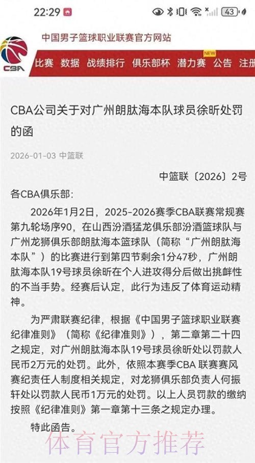 CBA官宣罚单:徐昕做出挑衅性的不当手势处罚人民币2万元 CBA官宣罚单:徐昕做出挑衅性的不当手势处罚人民币2万元